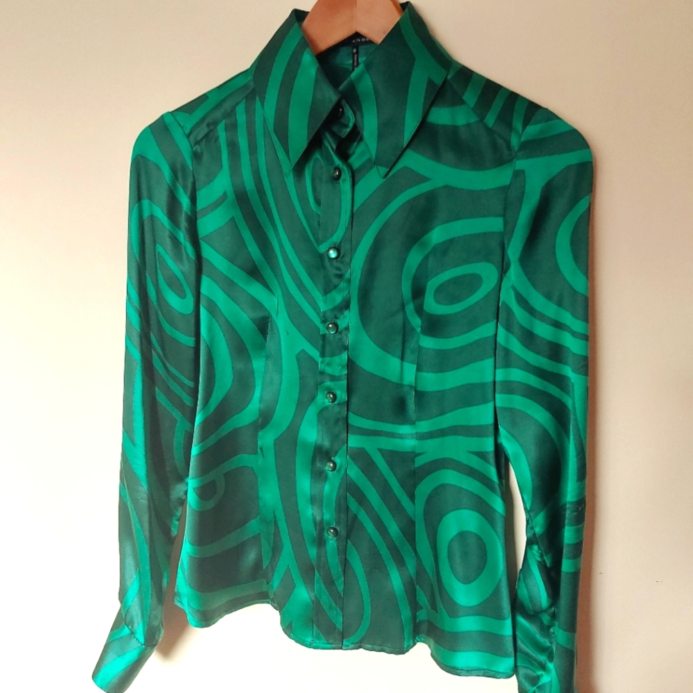 Silk emerald green abstract print blouse